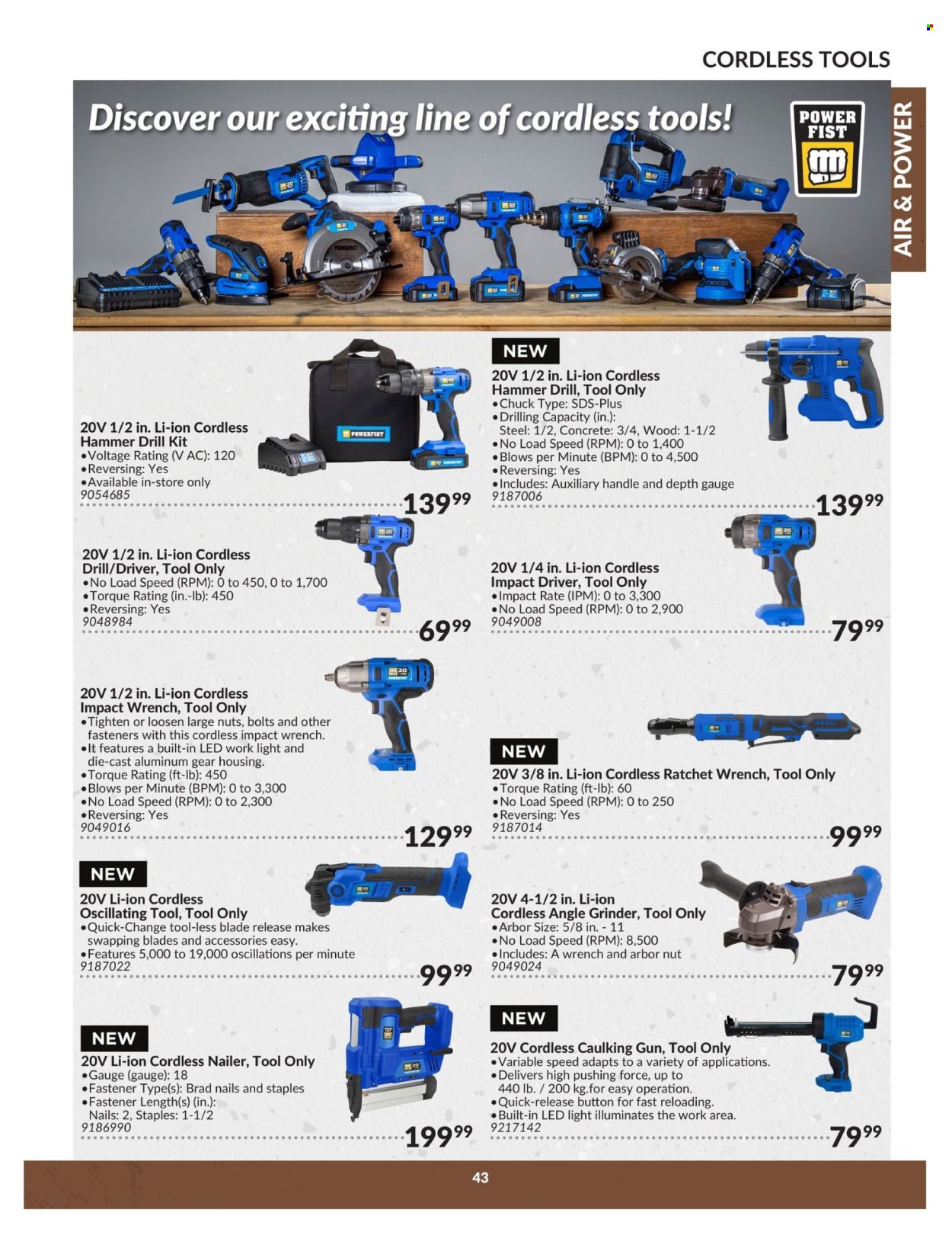 thumbnail - Princess Auto Flyer - April 23, 2024 - April 22, 2025 - Sales products - LED light, bolt, drill, impact driver, hammer drill, impact wrench, angle grinder, hand tools, nailer, swivel ratchet, gauge. Page 43.