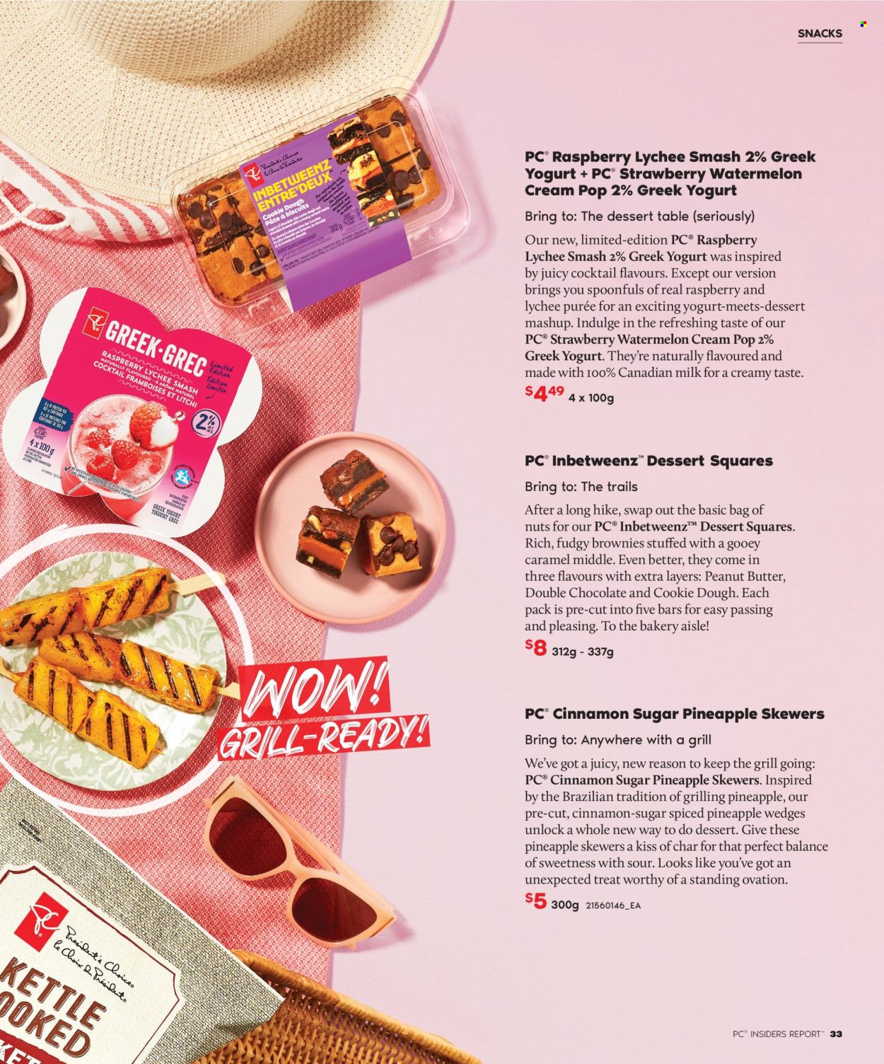 thumbnail - Real Canadian Superstore Flyer - Sales products - brownies, dessert, cookie dough, lychee, watermelon, snack, greek yoghurt, yoghurt, milk, bars, caramel, peanut butter, table, grill. Page 33.