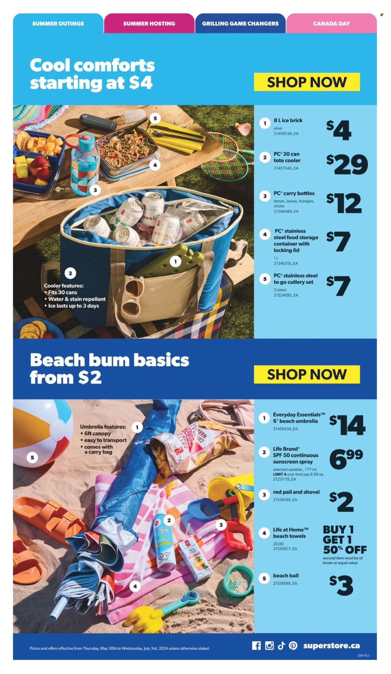 thumbnail - Real Canadian Superstore Flyer - May 30, 2024 - July 03, 2024 - Sales products - olives, juice, water, sunscreen lotion, repellent, cutlery set, container, meal box, storage container, beach towel, tote, shovel, umbrella, beach umbrella. Page 5.