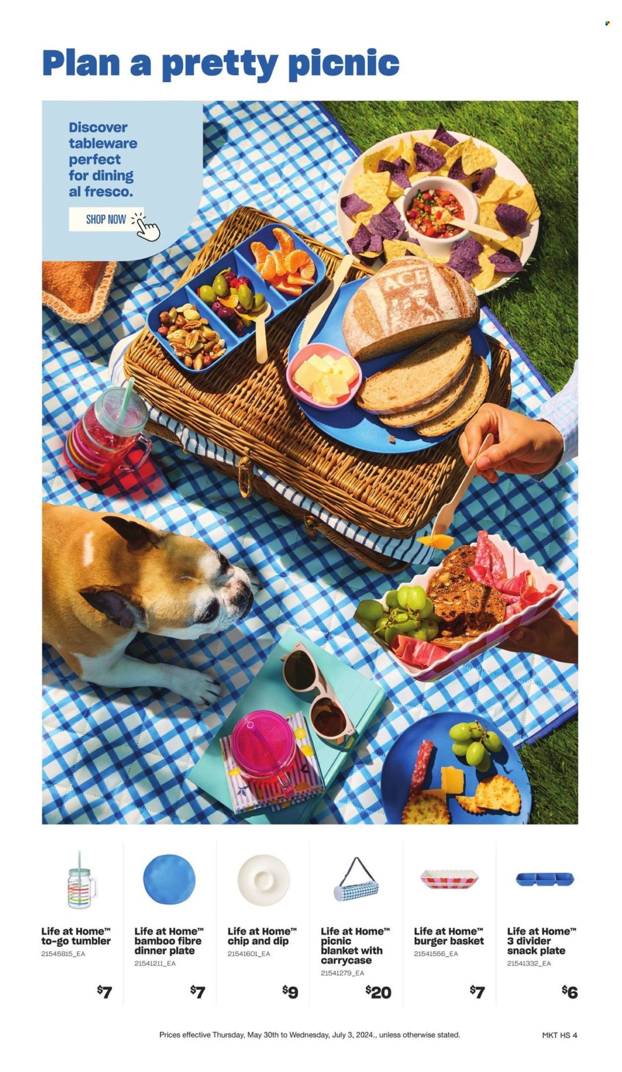 thumbnail - Zehrs Flyer - May 30, 2024 - July 03, 2024 - Sales products - Ace, snack, hamburger, dip, basket, tableware, tumbler, plate, dinner plate, houseplant, picnic blanket. Page 4.