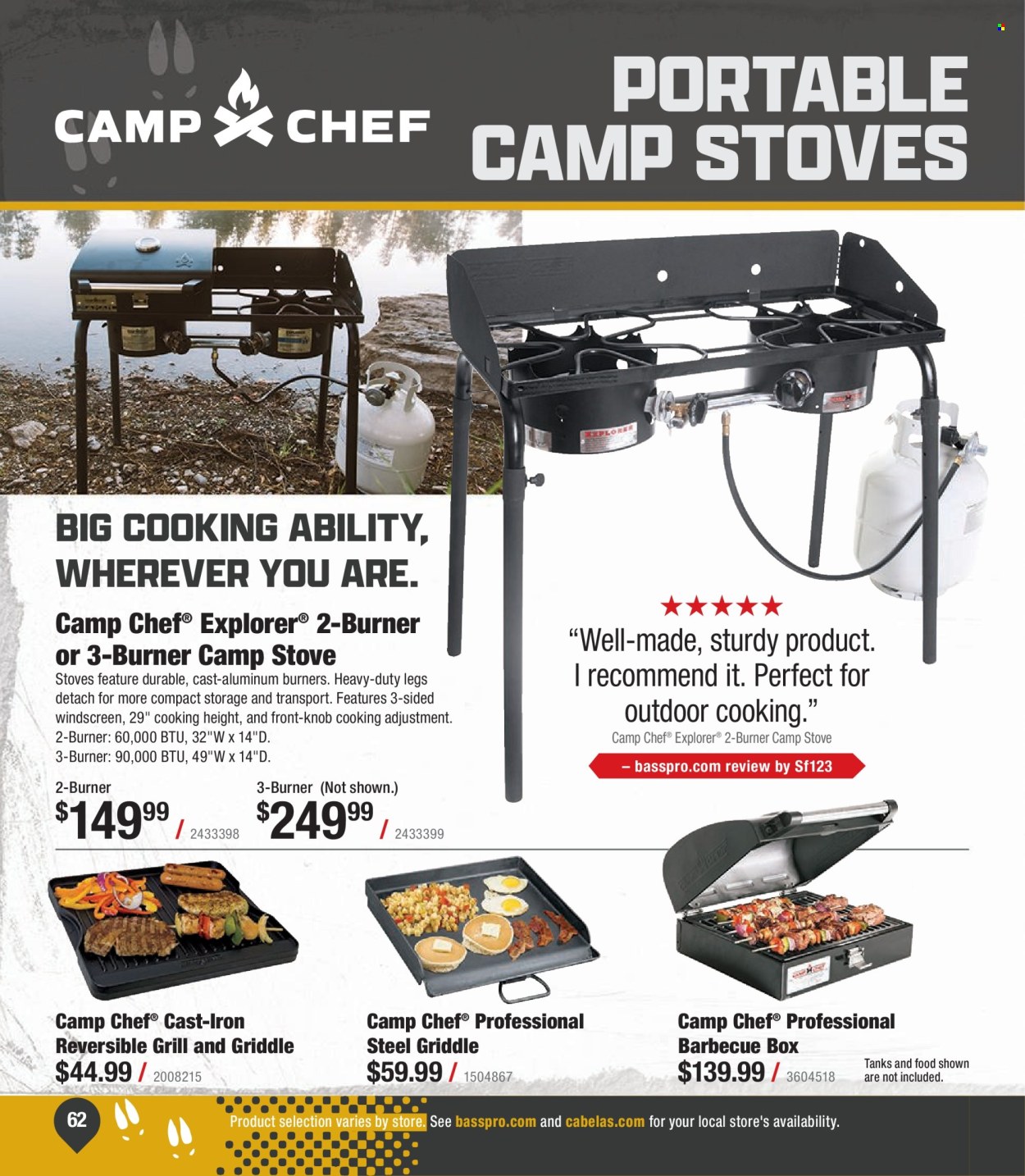 thumbnail - Bass Pro Shops Flyer - Sales products - griddle, tank. Page 62.