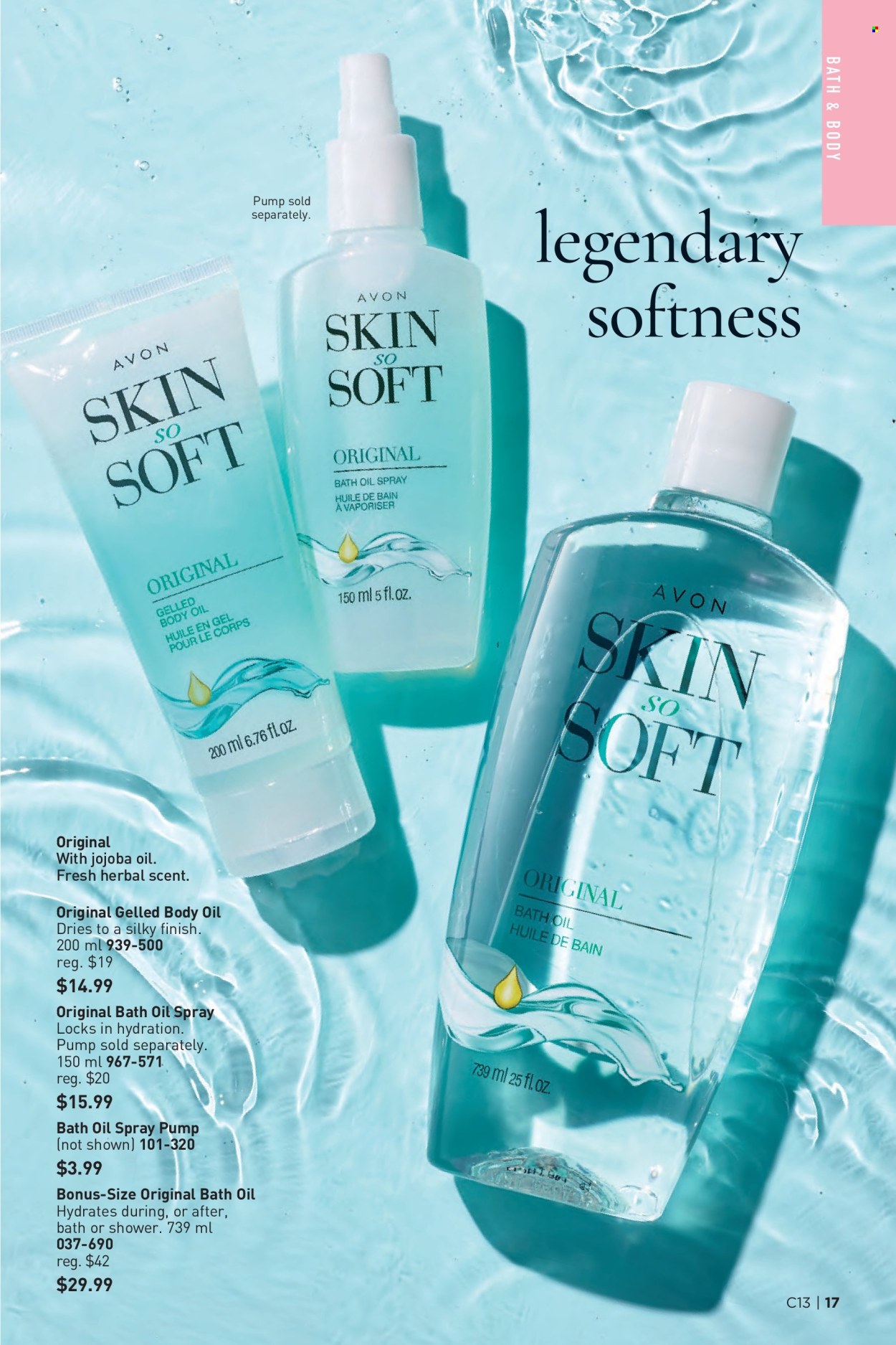 thumbnail - Avon Flyer - Sales products - bath oil, Avon, Skin So Soft, body oil. Page 17.