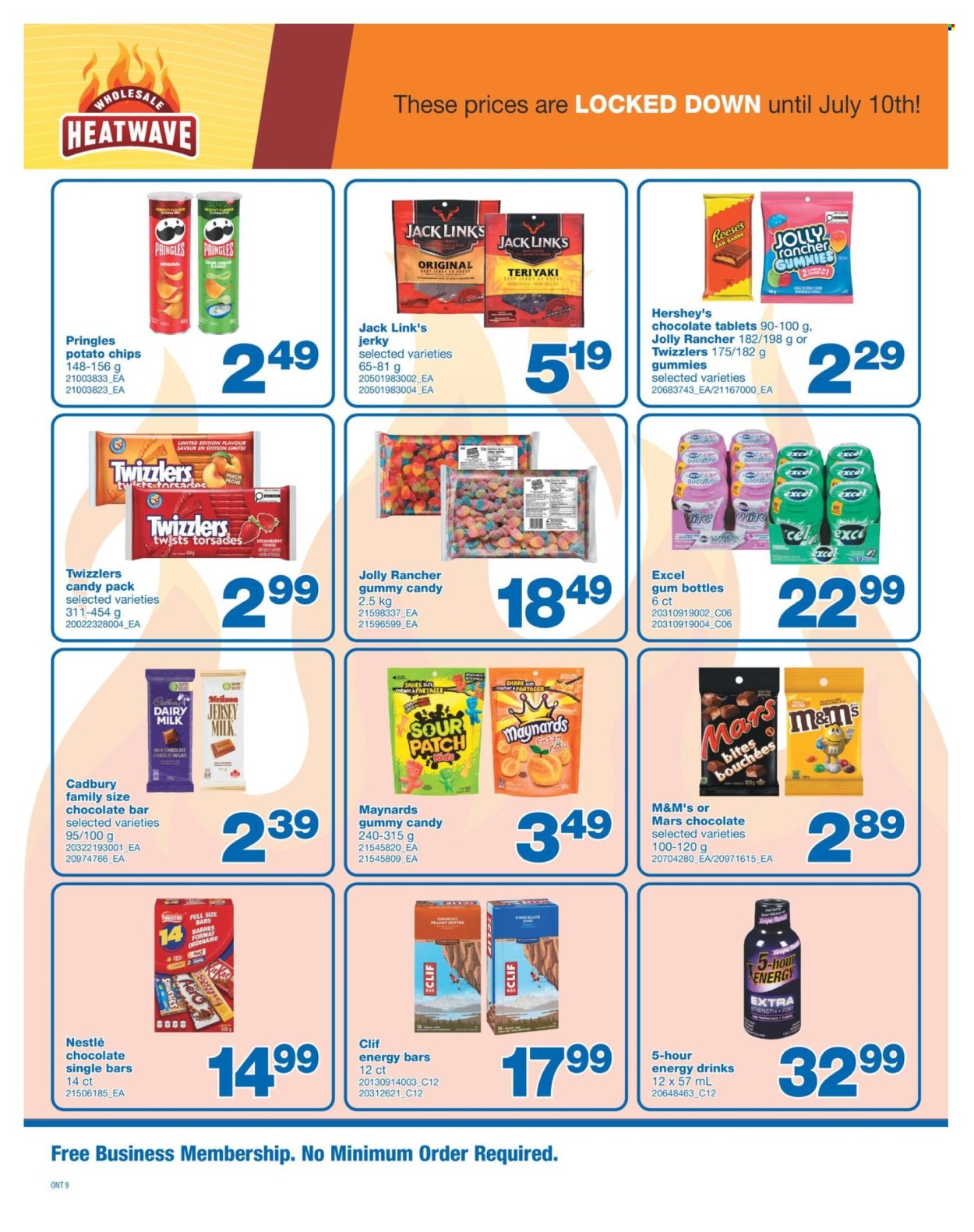 thumbnail - Wholesale Club Flyer - June 20, 2024 - July 10, 2024 - Sales products - jerky, Reese's, Hershey's, milk chocolate, chocolate, M&M's, Mars, chewing gum, jelly candy, Cadbury, Dairy Milk, chocolate candies, Sour Patch, chocolate bar, sweets, bars, gummies, potato chips, Pringles, Jack Link's, salty snack, energy bar, peanut butter, energy drink, Nestlé, Smarties. Page 9.