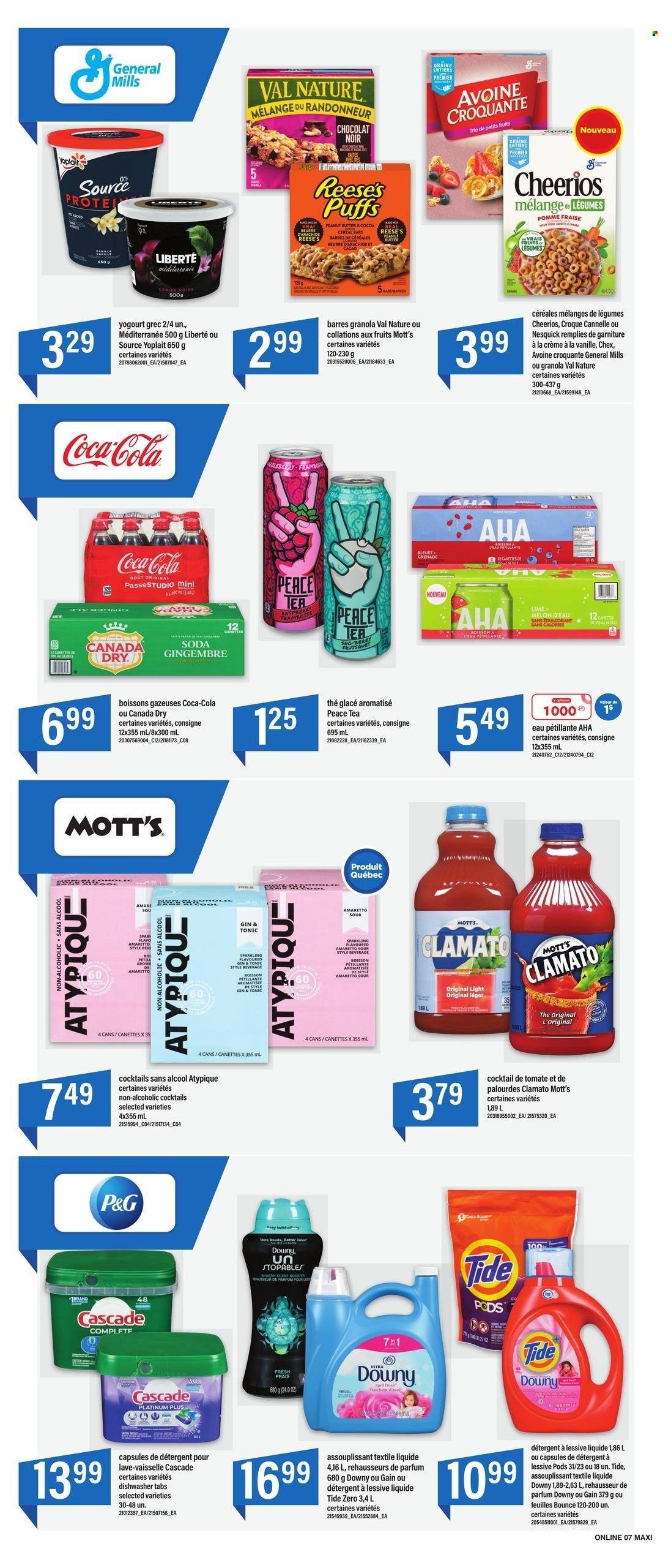 thumbnail - Maxi Flyer - June 27, 2024 - July 03, 2024 - Sales products - cocktail, yoghurt, Yoplait, detergent, Gain, Tide, Bounce, Mott's, cereal bar, General Mills, granola, Cheerios, Cascade, dishwasher tablets, Clamato, Canada Dry, Coca-Cola, ginger ale, soft drink, carbonated soft drink, ice tea. Page 11.