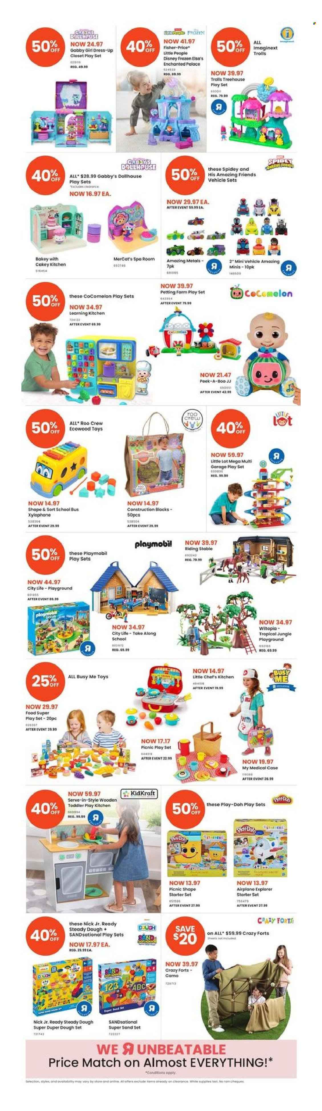 thumbnail - Toys''R''Us Flyer - June 27, 2024 - July 10, 2024 - Sales products - Disney, Little People, play set, Play-doh, toys, vehicle, Fisher-Price, Super Sand, KidKraft, Spiderman, xylophone, Playmobil. Page 4.