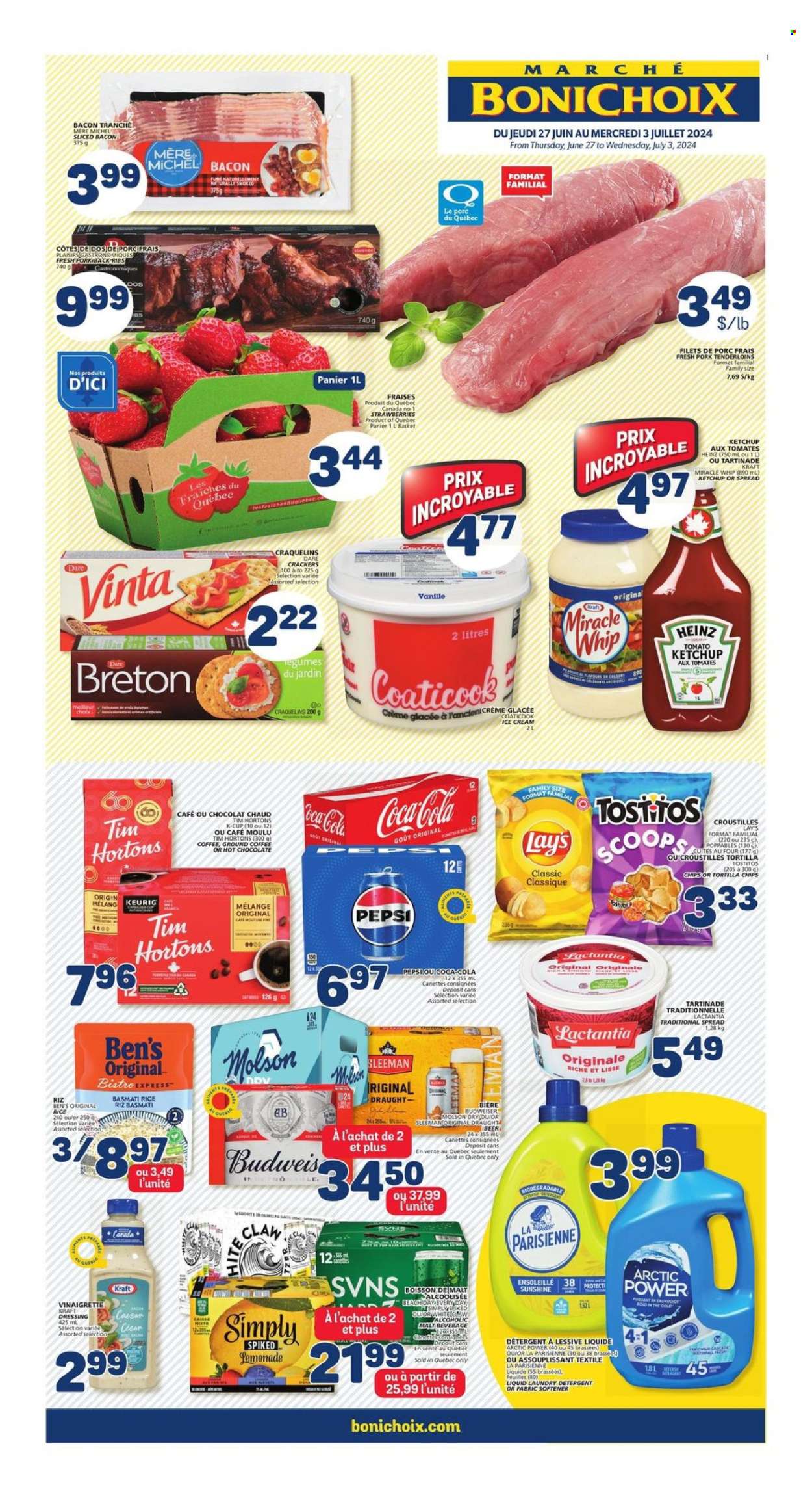 thumbnail - Marché Bonichoix Flyer - June 27, 2024 - July 03, 2024 - Sales products - strawberries, Kraft®, ready meal, bacon, Sunshine, mayonnaise, Miracle Whip, crackers, tortilla chips, Lay’s, Tostitos, salty snack, Uncle Ben's, basmati rice, rice, ketchup, dressing, Coca-Cola, lemonade, Pepsi, soft drink, malt beverage, carbonated soft drink, hot chocolate, ground coffee, coffee capsules, K-Cups, Keurig, alcohol, Budweiser, ribs, pork meat, pork ribs, pork tenderloin, pork back ribs, detergent, fabric softener, laundry detergent, Cascade, Heinz. Page 1.