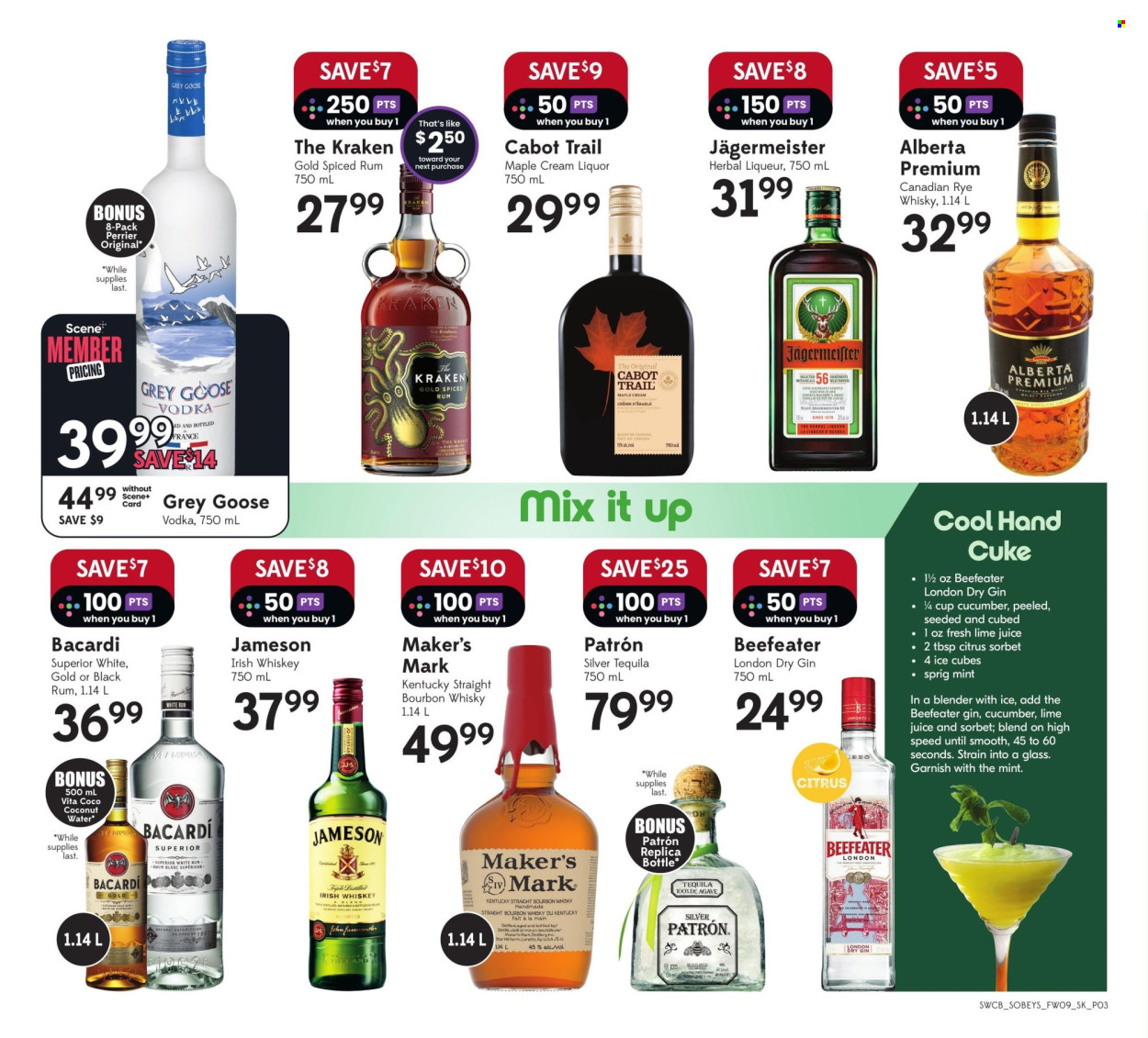 thumbnail - Sobeys Liquor Flyer - June 27, 2024 - July 03, 2024 - Sales products - coconut water, Perrier, lime juice, alcohol, Bacardi, bourbon, gin, liqueur, rum, spiced rum, tequila, vodka, whiskey, irish whiskey, Jameson, herbal liqueur, liquor, Beefeater, Jägermeister, whisky. Page 3.