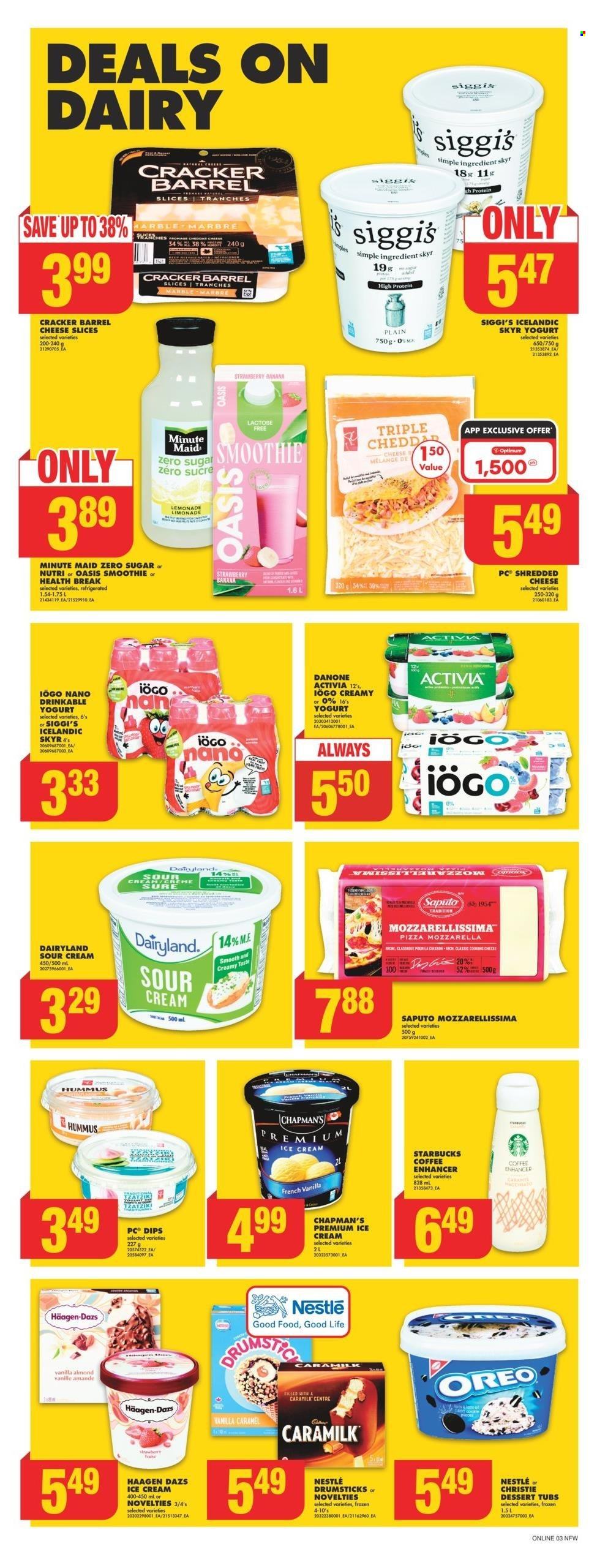 thumbnail - No Frills Flyer - June 27, 2024 - July 03, 2024 - Sales products - yoghurt, Danone, Activia, mozzarella, cheese, dessert, Nestlé, ice cream, syrup, Starbucks, yoghurt drink, ice cones, sliced cheese, sour cream, shredded cheese, dip, fruit drink, smoothie. Page 9.