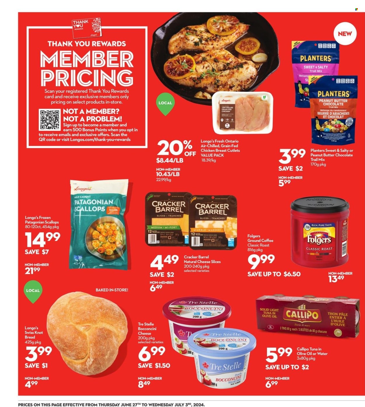thumbnail - Longo's Flyer - June 27, 2024 - July 03, 2024 - Sales products - bread, scallops, tuna, chicken breasts, bocconcini, sliced cheese, cheese, light tuna, Planters, trail mix, coffee, Folgers, ground coffee, chicken. Page 3.