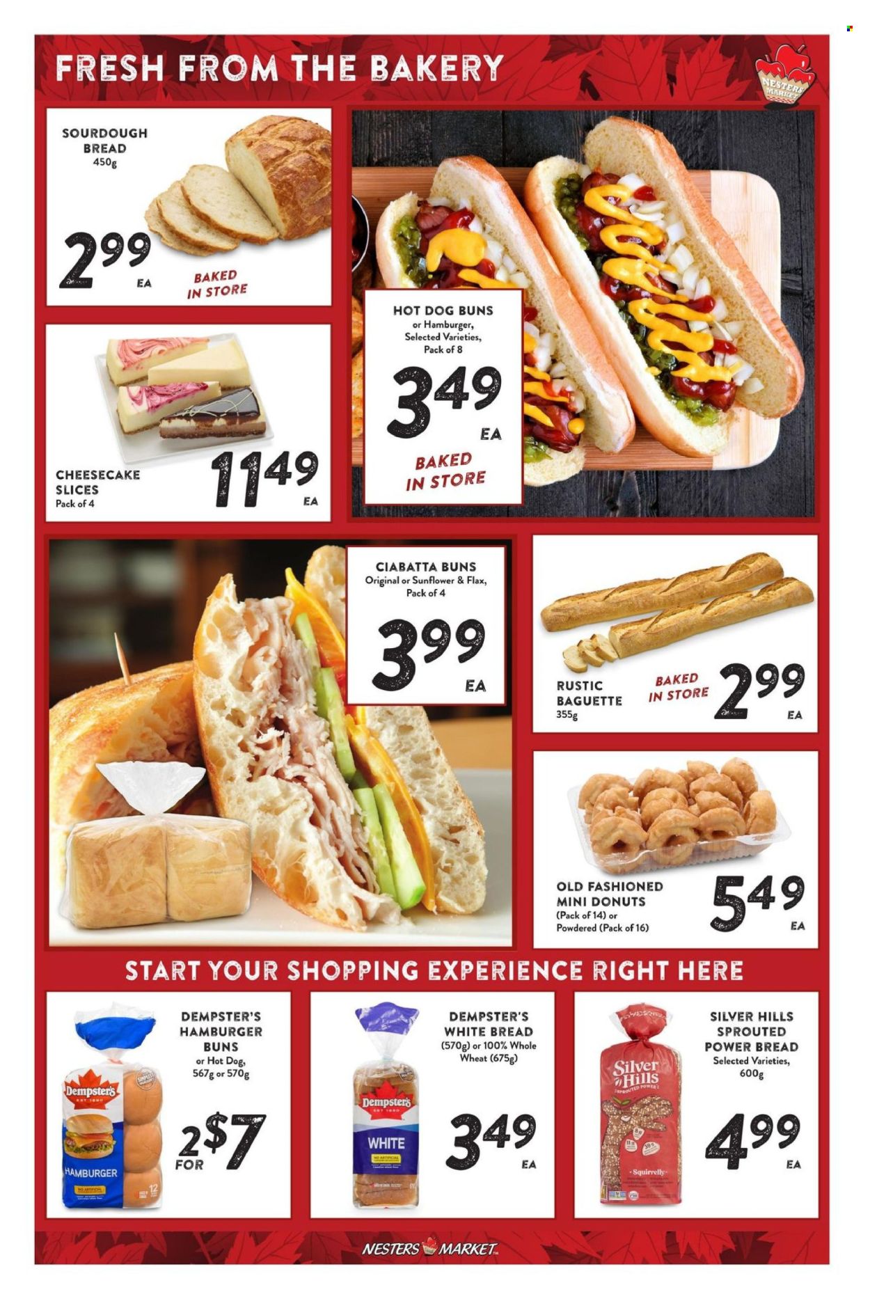 thumbnail - Nesters Food Market Flyer - June 27, 2024 - July 03, 2024 - Sales products - baguette, bread, ciabatta, white bread, hot dog rolls, buns, sourdough bread, burger buns, cheesecake, donut, pastries, sunflower. Page 6.