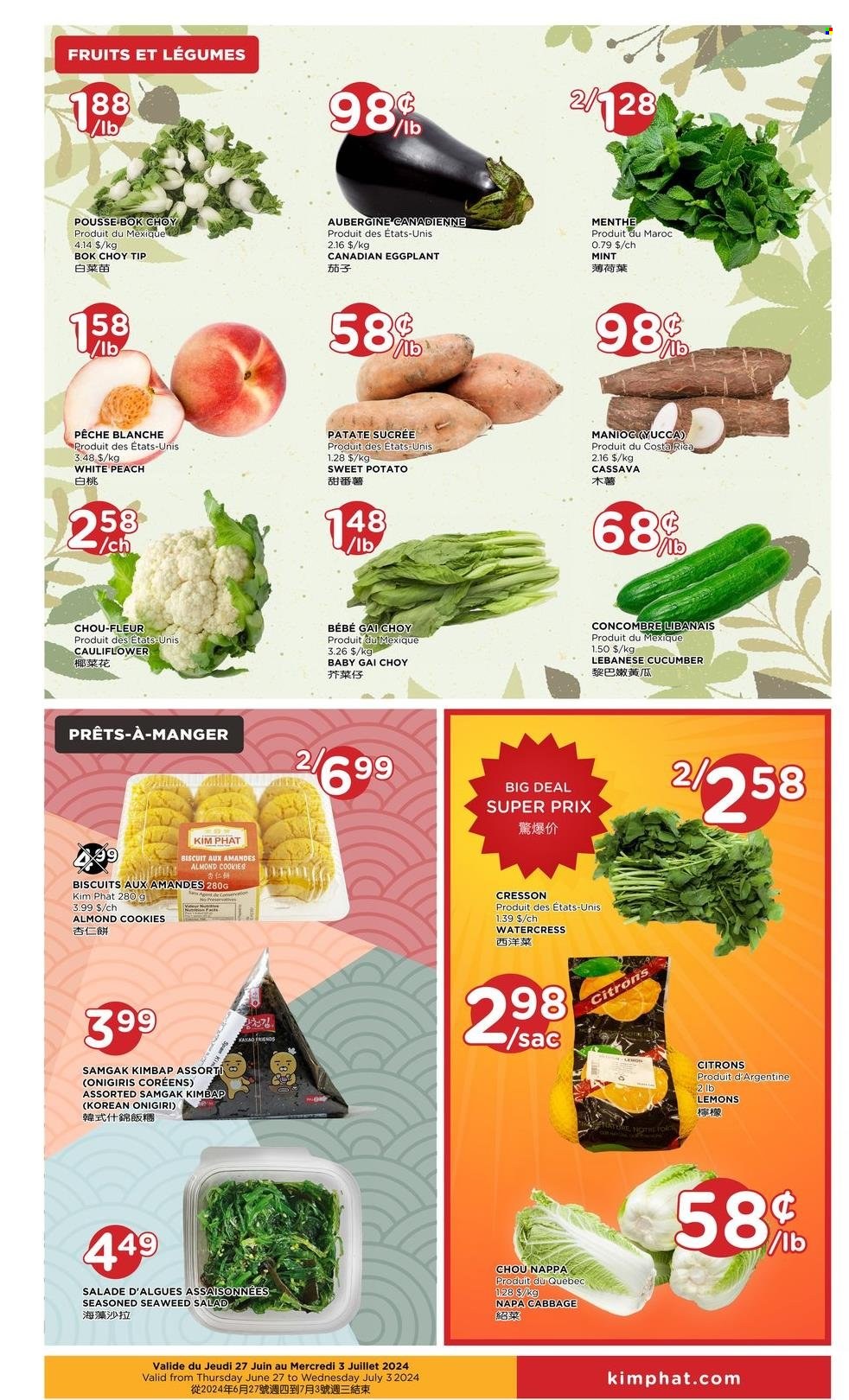 thumbnail - Kim Phat Flyer - June 27, 2024 - July 03, 2024 - Sales products - bok choy, cabbage, cauliflower, cucumber, sweet potato, salad, eggplant, cassava, lemons, cookies, biscuit, watercress, antioxidant drink. Page 3.