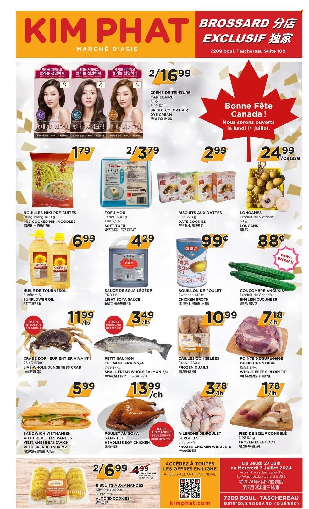 thumbnail - Kim Phat Flyer - June 27, 2024 - July 03, 2024 - Sales products - Huat Kueh, cucumber, salmon, seafood, crab, shrimps, sandwich, noodles, ready meal, breaded shrimps, tofu, cookies, biscuit, bouillon, chicken broth, broth, soy sauce, sauce, sunflower oil, oil, beef meat, beef sirloin, hair color. Page 1.