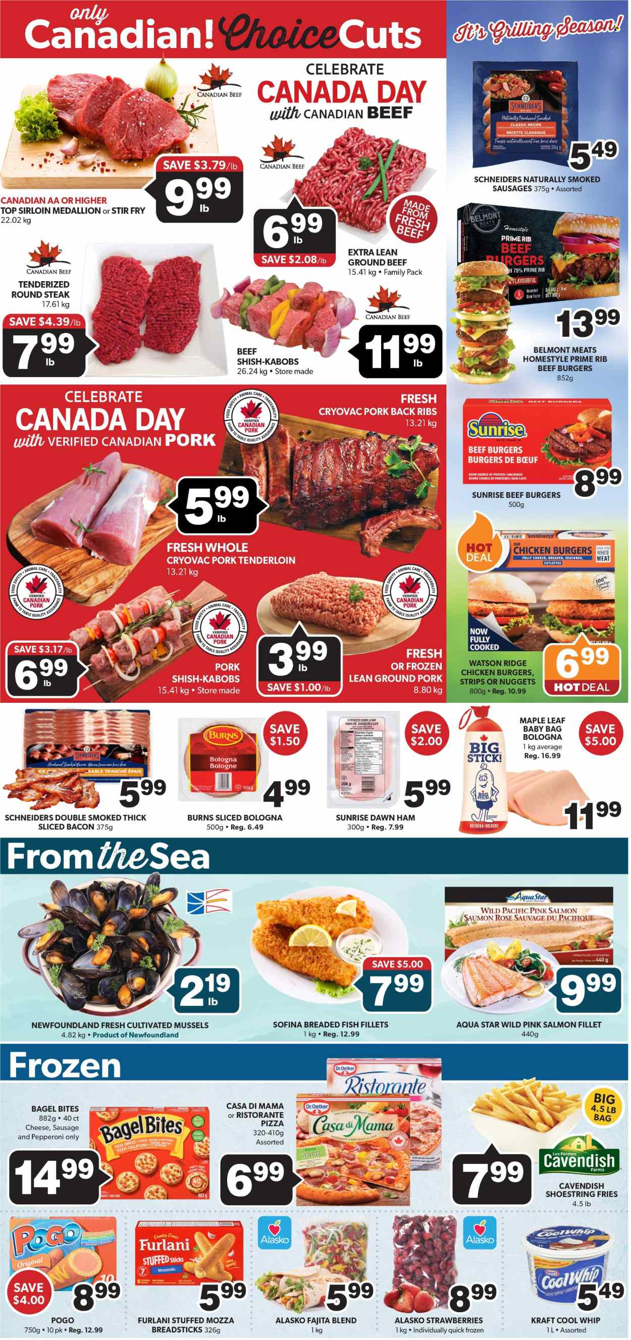 thumbnail - Colemans Flyer - June 27, 2024 - July 03, 2024 - Sales products - strawberries, mussels, salmon, salmon fillet, seafood, snack, nuggets, hamburger, beef burger, breaded fish, Kraft®, fajita mix, ready meal, kabobs, cooked ham, bologna sausage, smoked sausage, Dr. Oetker, Cool Whip, strips, potato fries, bread sticks, topping, beef meat, ground beef, steak, round steak, ground pork, pork meat, pork ribs, pork tenderloin, pork back ribs. Page 3.