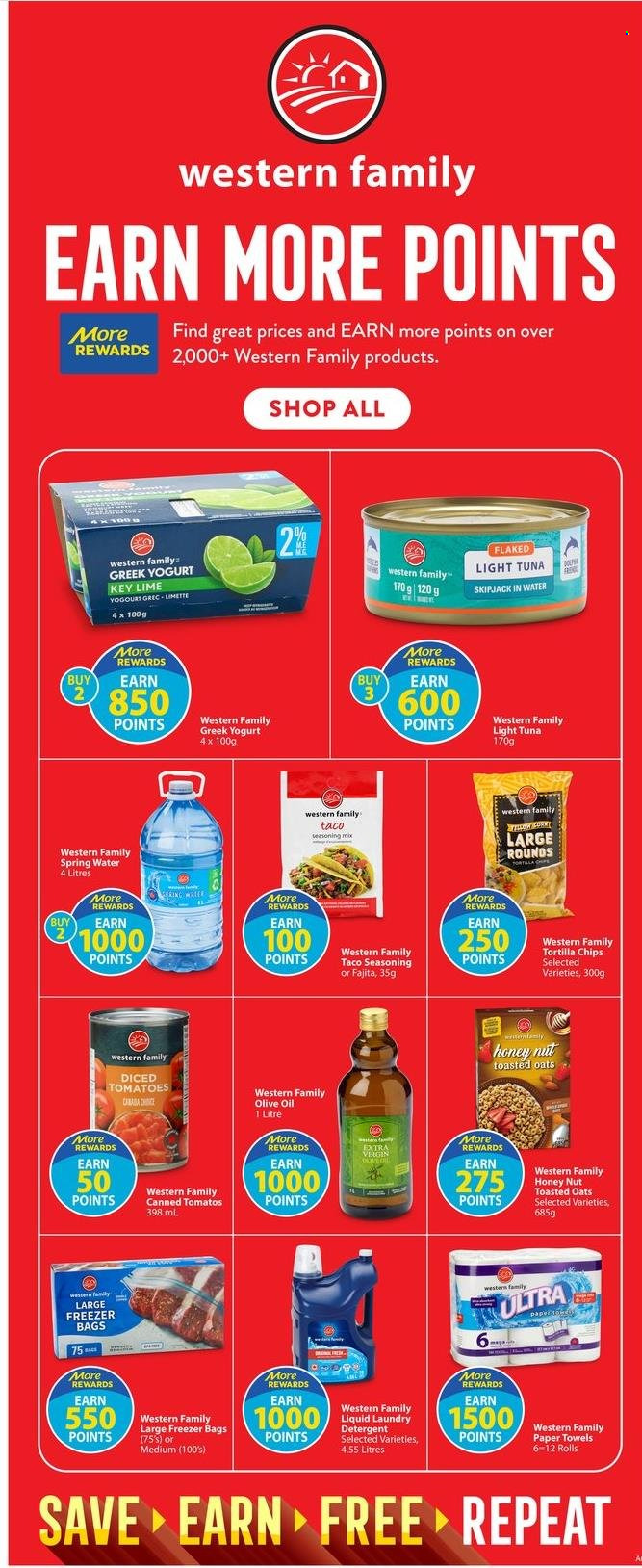 thumbnail - Save-On-Foods Flyer - June 27, 2024 - July 03, 2024 - Sales products - tuna, fajita, greek yoghurt, yoghurt, tortilla chips, chips, canned tomatoes, light tuna, diced tomatoes, toasted oats, spice, seasoning, extra virgin olive oil, olive oil, oil, spring water, kitchen towels, paper towels, detergent, freezer bag. Page 11.