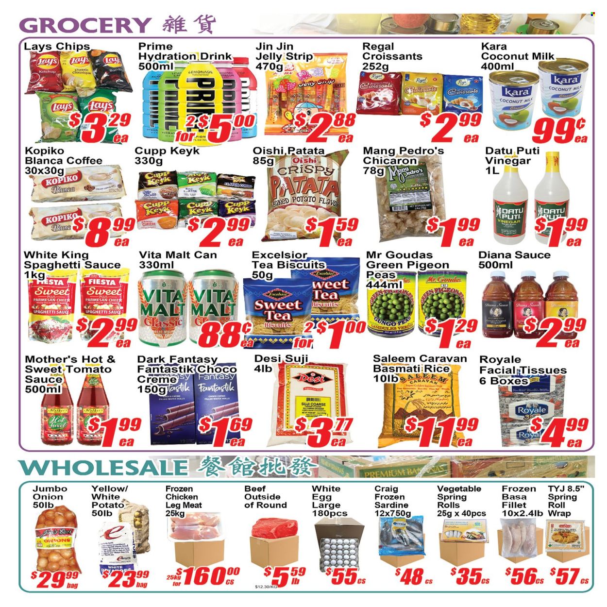thumbnail - Jian Hing Supermarket Flyer - June 28, 2024 - July 04, 2024 - Sales products - croissant, peas, fish fillets, spaghetti, pasta, spring rolls, spaghetti sauce, ready meal, parmesan, jelly, plant-based milk, eggs, wafers, biscuit, Lay’s, malt, coconut milk, tomato sauce, basmati rice, toor dal, ketchup, lemonade, coffee, chicken legs, chicken. Page 4.