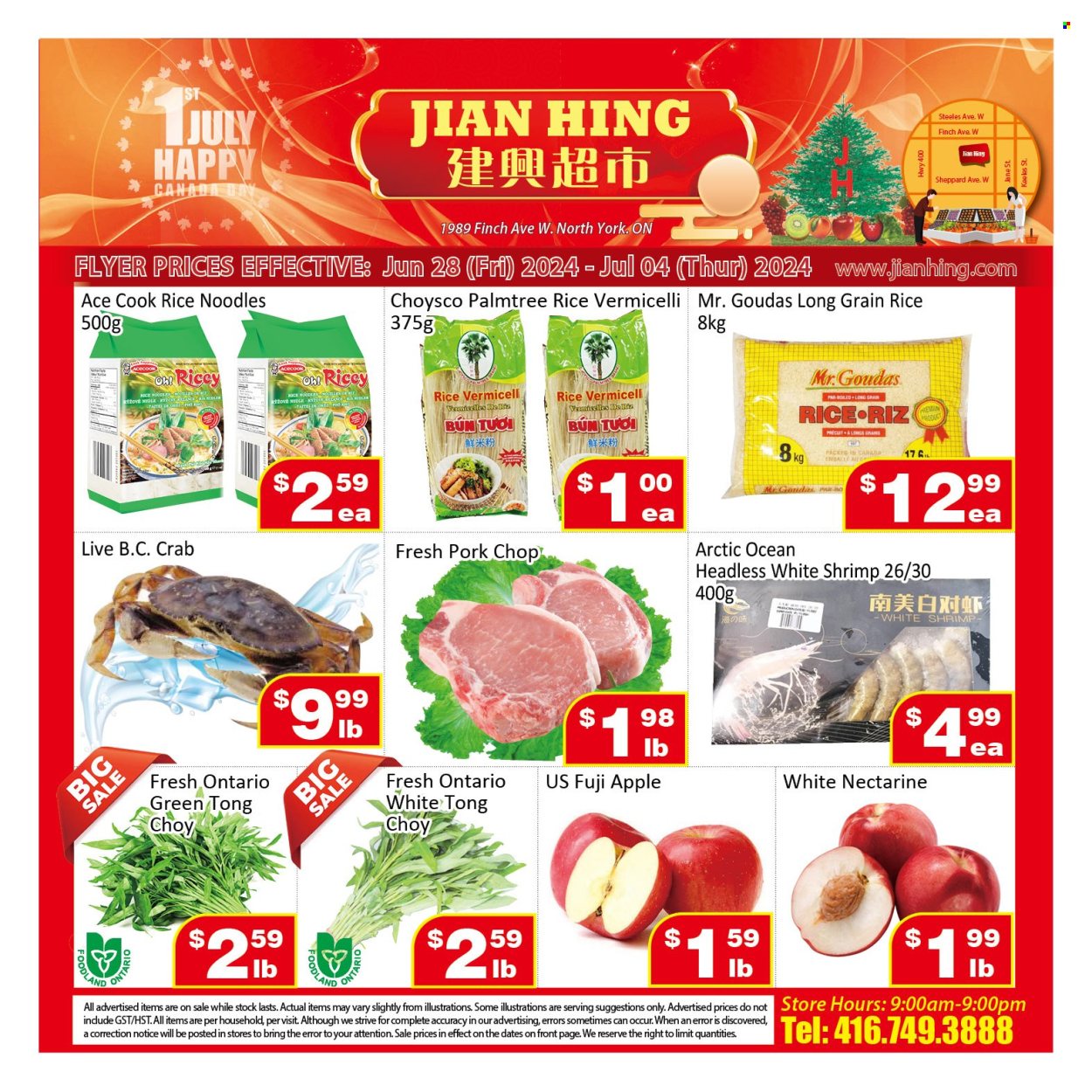 thumbnail - Jian Hing Supermarket Flyer - June 28, 2024 - July 04, 2024 - Sales products - Ace, nectarines, Fuji apple, seafood, crab, shrimps, noodles, rice vermicelli, long grain rice, antioxidant drink, pork chops, pork meat. Page 1.
