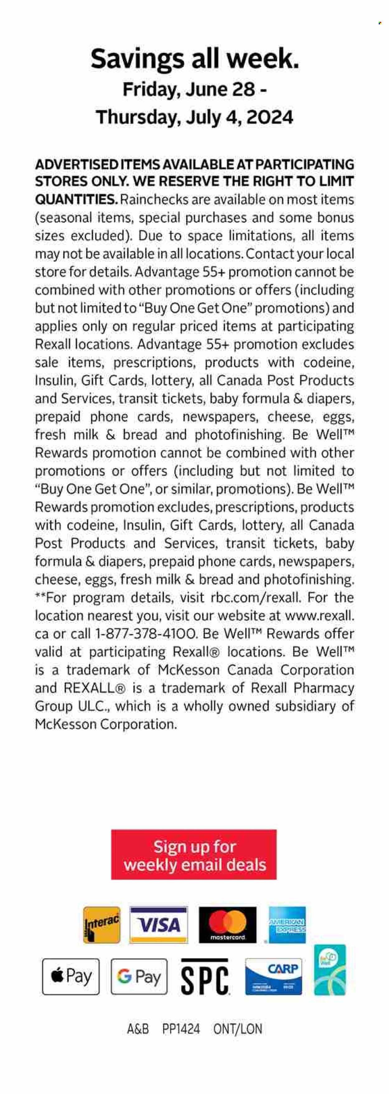 thumbnail - Rexall Flyer - June 28, 2024 - July 04, 2024 - Sales products - bread, cheese, eggs, milk powder, nappies. Page 15.