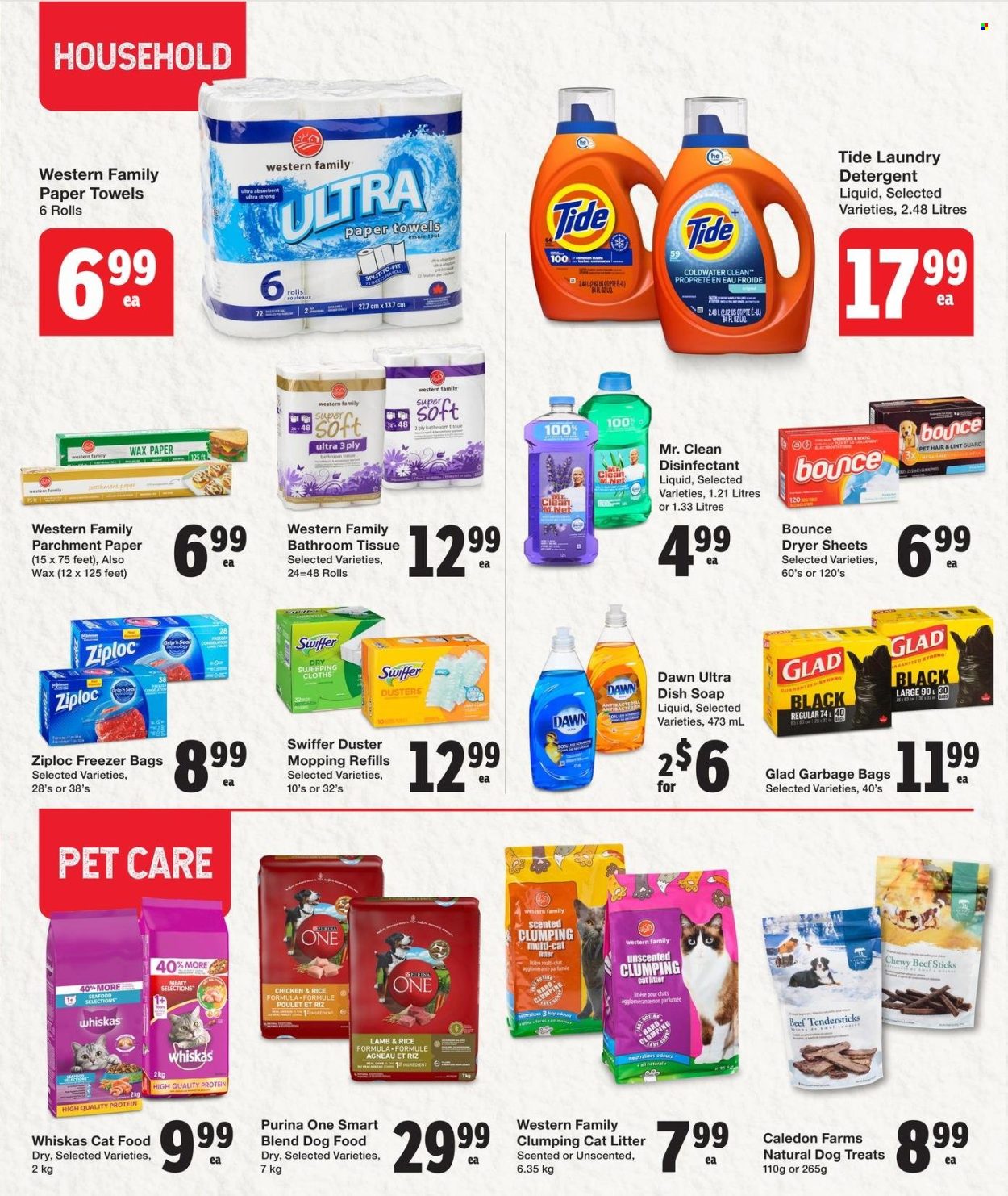 thumbnail - Quality Foods Flyer - June 27, 2024 - July 03, 2024 - Sales products - beef sticks, bath tissue, kitchen towels, paper towels, detergent, desinfection, cleaner, Swiffer, Tide, laundry detergent, Bounce, dryer sheets, dishwashing liquid, Ziploc, trash bags, duster, cloths, baking paper, freezer bag, cat litter, animal food, animal treats, cat food, dog food, Purina, dog treat, Whiskas. Page 12.