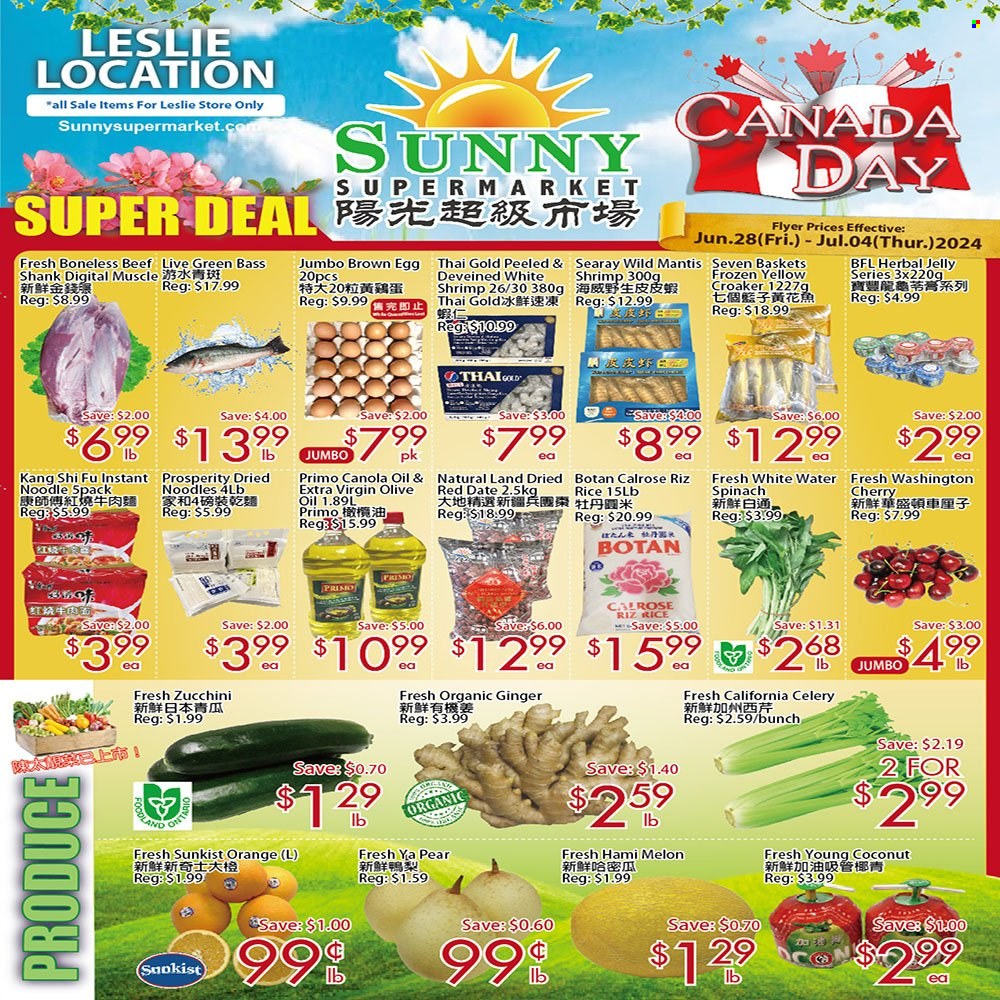 thumbnail - Sunny Foodmart Flyer - June 28, 2024 - July 04, 2024 - Sales products - celery, ginger, spinach, zucchini, melons, seafood, shrimps, noodles, jelly, eggs, rice, canola oil, olive oil, antioxidant drink, water, basket. Page 1.