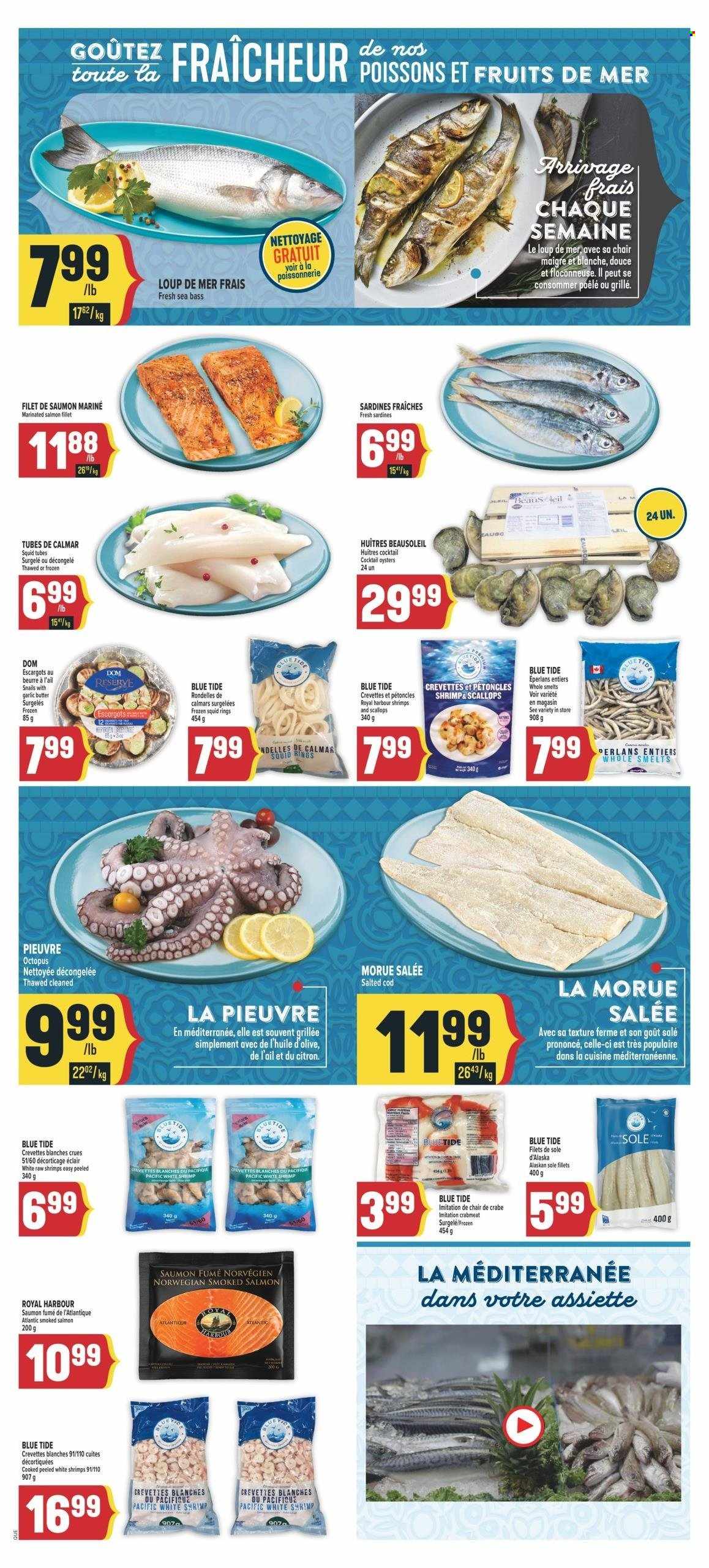 thumbnail - Adonis Flyer - July 04, 2024 - July 10, 2024 - Sales products - cod, fish fillets, salmon, salmon fillet, sardines, scallops, sea bass, smoked salmon, squid, octopus, oysters, seafood, shrimps, squid rings, crab sticks, crushed garlic, marinated salmon. Page 4.