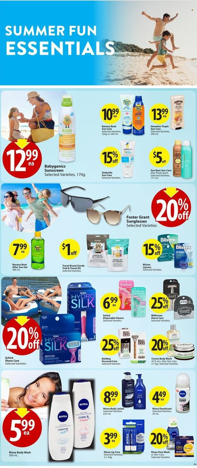 thumbnail - Save-On-Foods Flyer - July 04, 2024 - July 10, 2024 - Sales products - Nivea, body wash, face gel, hair products, face wash, sun care, skin care product, body lotion, sunscreen lotion, Hawaiian Tropic, after sun gel, deodorant, Schick, disposable razor. Page 16.