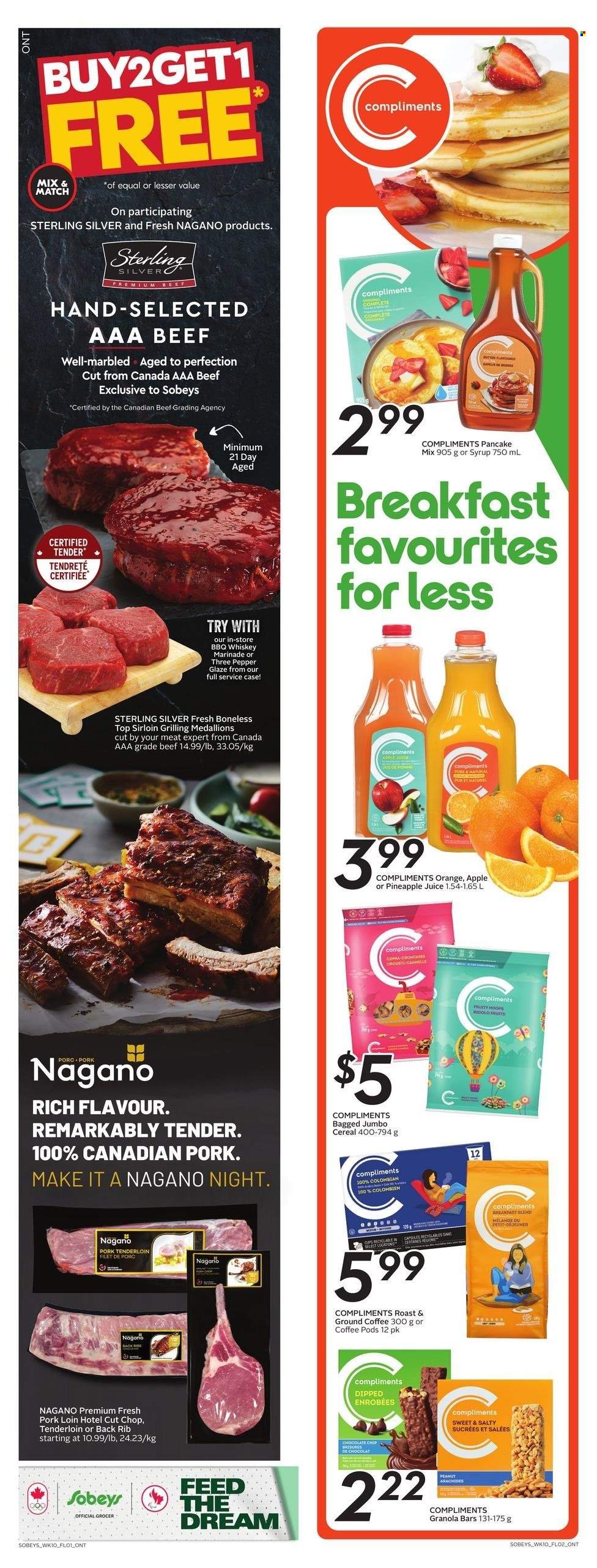 thumbnail - Sobeys Flyer - July 04, 2024 - July 10, 2024 - Sales products - pancake mix, snack bar, cereals, granola bar, pepper, marinade, coffee, coffee pods, ground coffee, breakfast blend, whiskey, pork loin, pork meat, pork tenderloin. Page 2.