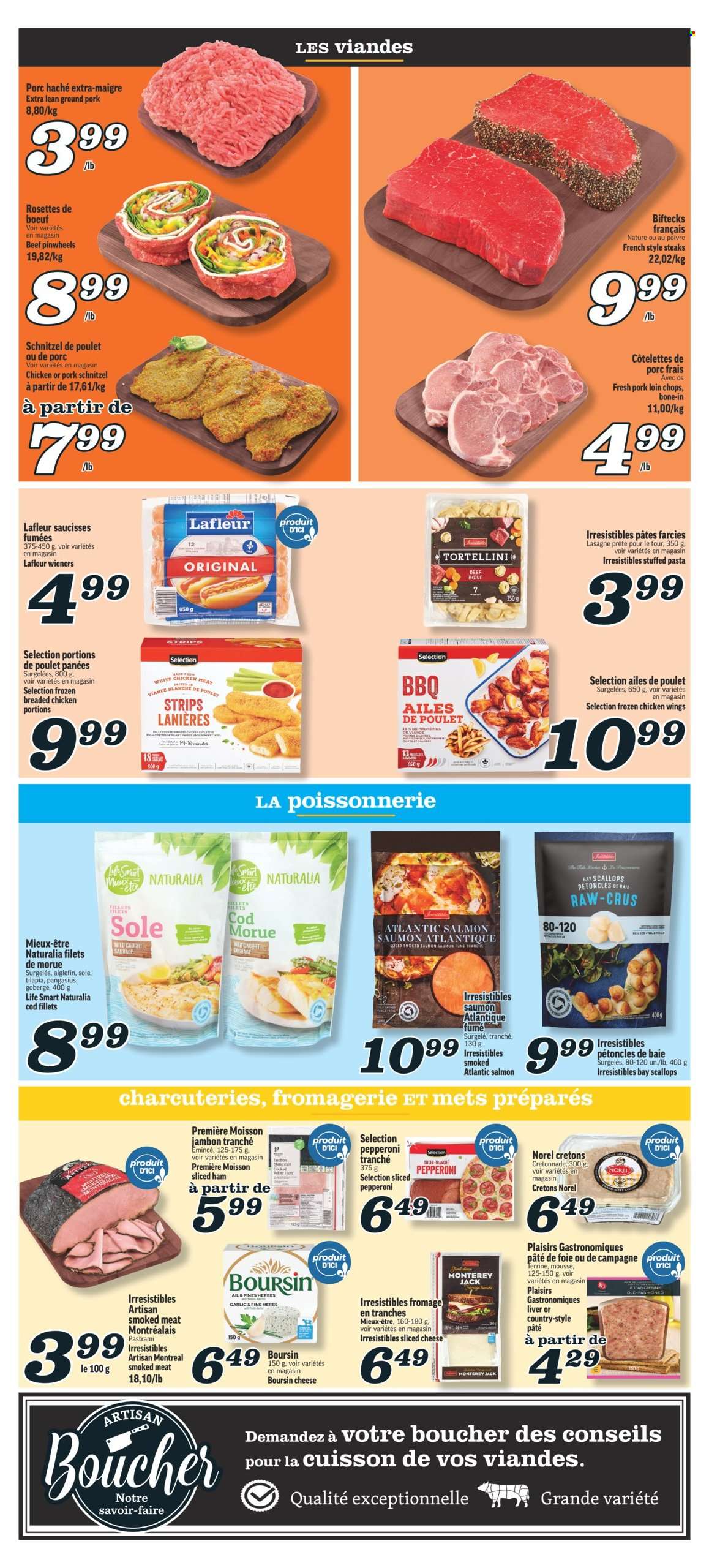 thumbnail - Marché Richelieu Flyer - July 04, 2024 - July 10, 2024 - Sales products - cod, fish fillets, salmon, scallops, smoked salmon, tilapia, whitefish, pangasius, seafood, pasta, tortellini, schnitzel, ready meal, breaded chicken, ham, pastrami, pepperoni, frankfurters, pâté, Monterey Jack cheese, sliced cheese, cheese, mousse, chicken wings, strips, steak, ground pork, pork chops, pork loin, pork meat. Page 3.