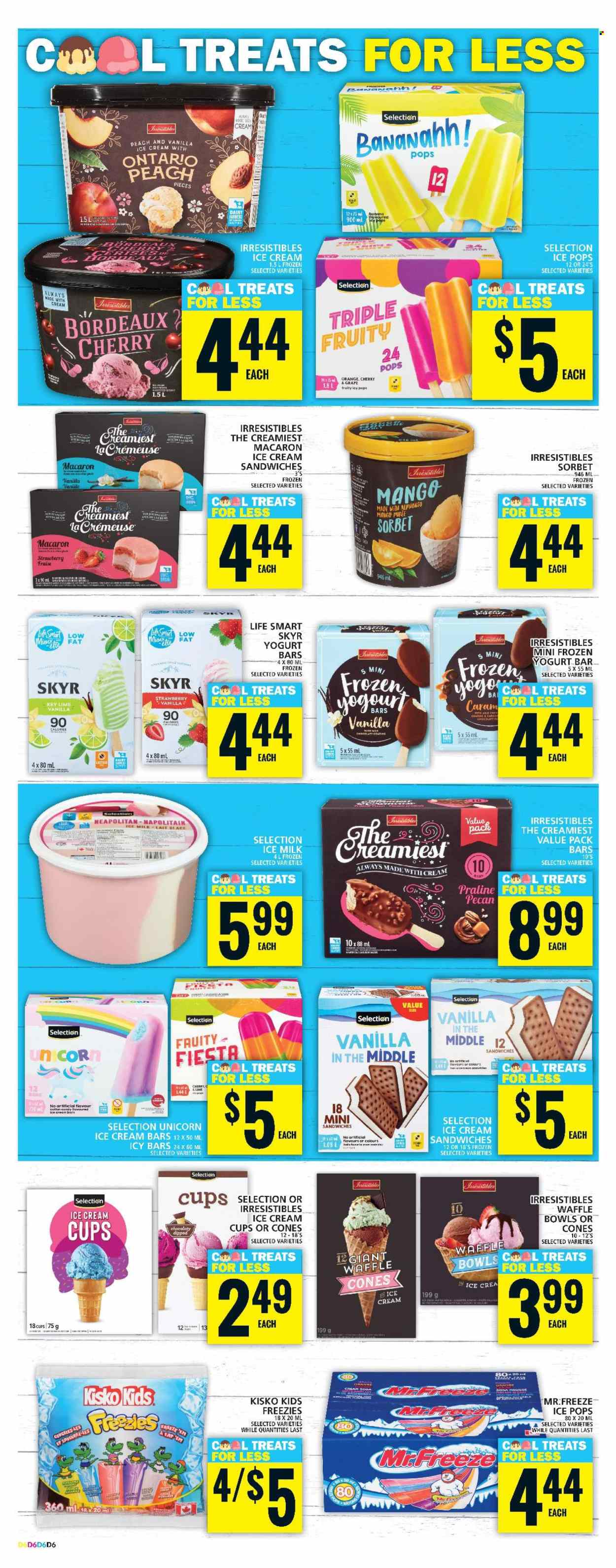 thumbnail - Food Basics Flyer - July 04, 2024 - July 10, 2024 - Sales products - pineapple, ice cream, ice cream bars, ice cream sandwich, frozen yoghurt, sorbet, cotton candy, waffle cones, Bordeaux, mango. Page 12.