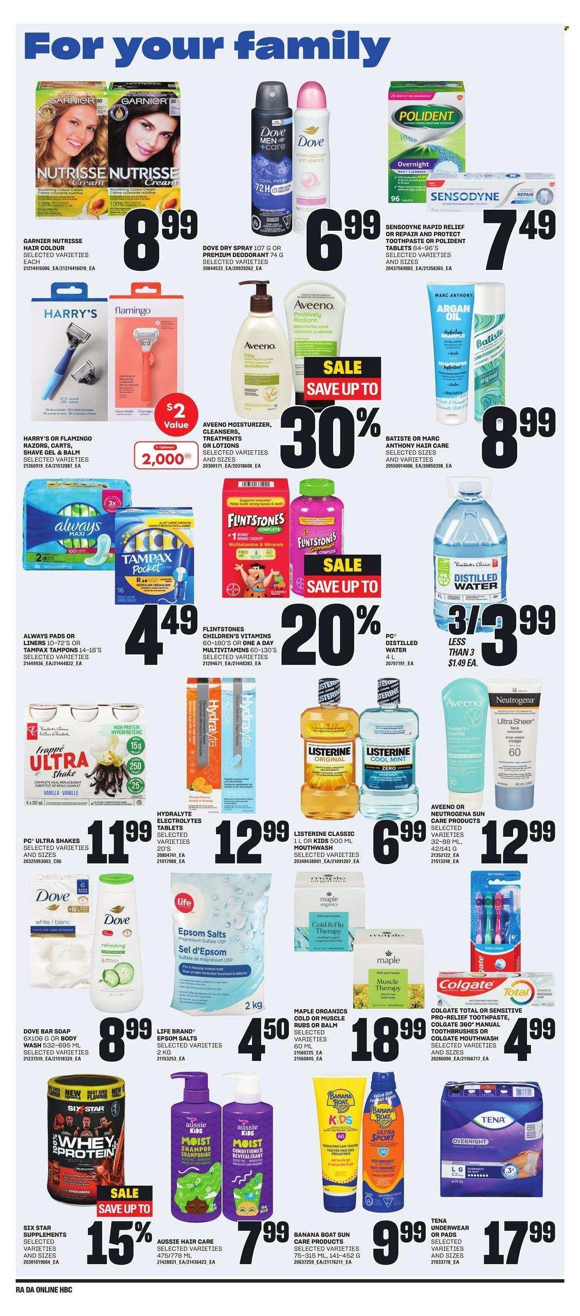 thumbnail - Atlantic Superstore Flyer - July 04, 2024 - July 10, 2024 - Sales products - Dove, Boost, Enfamil, infant milk, Aveeno, Nivea, ointment, pads, shampoo, Softsoap, hand soap, Vaseline, soap, hair products, toothbrush, toothpaste, Polident, Crest, Always pads, sanitary pads, Kotex, tampons, micellar water, moisturizer, Olay, Niacinamide, OGX, skin care product, Aussie, Clairol, conditioner, Nexxus, Herbal Essences, John Frieda, Maui Moisture, Fructis, anti-perspirant, eau de parfum, Speed Stick, deodorant, Biotin, Tylenol, Advil Rapid, aspirin, Motrin, Voltaren, pain therapy, polysporin, plaster, band-aid, Colgate, Garnier, Tampax, Old Spice, Oral-B, Sensodyne. Page 11.