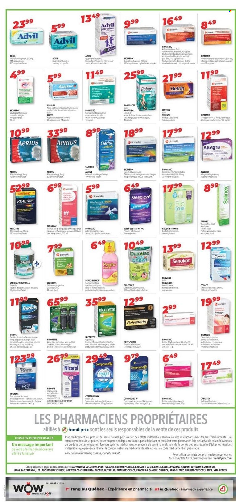 thumbnail - Familiprix Flyer - July 04, 2024 - July 10, 2024 - Sales products - pastilles, Johnson's, ointment, toner, mousse, Prenatal, Aleve, Dulcolax, Nicorette, nicotine therapy, Tylenol, Pepto-bismol, Biotrue, Advil Rapid, aspirin, Bayer, health supplement, Motrin, Claritin, allergy control, antinauseant product, polysporin. Page 3.