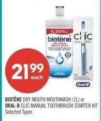 BIOTENE DRY MOUTH MOUTHWASH (1L) or ORAL -B CLIC MANUAL TOOTHBRUSH STARTER KIT - Selected Types