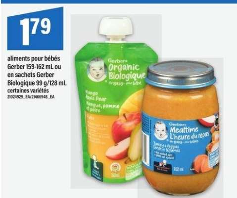 ALIMENTS POUR BÉBÉS GERBER 159-162 ML OU EN SACHETS GERBER BIOLOGIQUE 99 G/128 ML - Certaines variétés