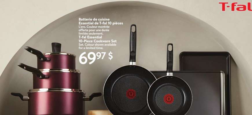 T-fal Essential 10-Piece Cookware Set - #31264176

Set. Colour shown is available for a limited time

Also available, T-Fal Essential 8-Piece Cookware Set