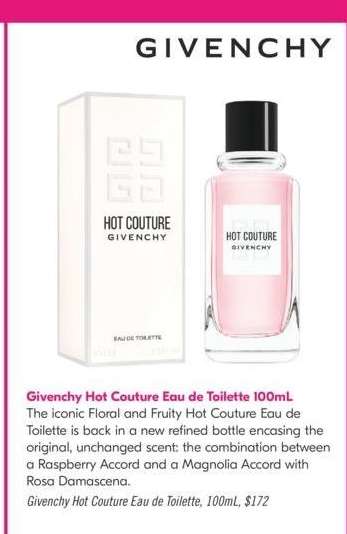 Givenchy Hot Couture Eau de Toilette - 100mL
The iconic Floral and Fruity Hot Couture Eau de Toilette is back in a new refined bottle encasing the
original, unchanged scent: the combination between a Raspberry Accord and a Magnolia Accord with Rosa Damascena.