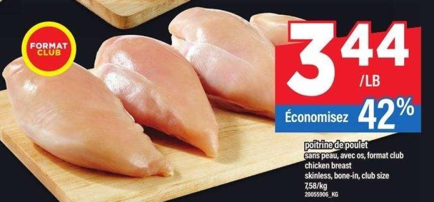 POITRINE DE POULET | chicken breast - Sans peau, avec os, format club

skinless, bone-in, club size
7,58/kg