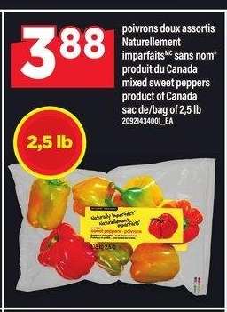 poivrons doux assortis Naturellement imparfaits sans nom® | mixed sweet peppers - produit du Canada

product of Canada
sac de/bag of 2,5 lb