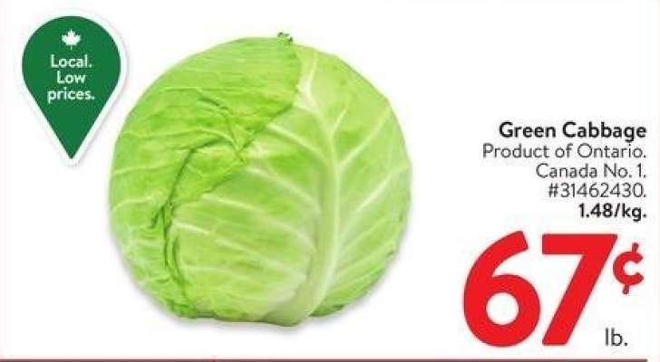 GREEN CABBAGE - Product of Ontario.
Canada No. 1
#31462430.
1.48/kg