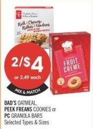 DAD'S OATMEAL, PEEK FREANS COOKIES or PC GRANOLA BARS - Selected Type & Sizes