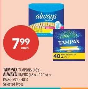 TAMPAX TAMPONS (40's), ALWAYS LINERS (48's - 120's) or PADS (20's - 48's) - Selected Types