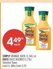 SIMPLY ORANGE JUICE (1.54L) or OASIS JUICE BLENDS (1.75L) - Selected Types