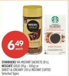 Starbucks via instant Sachets(8's)Nescafe Gold (95g-100)or Sweet & Creamy(18's)Instant Coffee - Selected Types