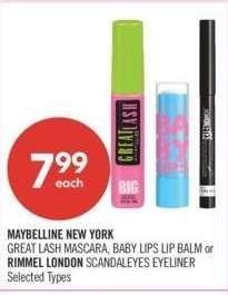 MAYBELLINE NEW YORK GREAT LASH MASCARA, BABY LIPS LIP BALM or RIMMEL LONDON SCANDALEYES EYELINER - Selected Types