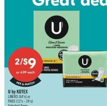 U by KOTEX LINERS (64's) or PADS (12's - 24's) - Selected Types