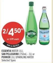 ESSENTIA water (1L), SAN PELLEGRINO (750mL- 1l) or PERRIER (1l) Sparkling water - Selected Types