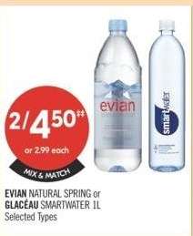 EVIAN NATURAL SPRING or GLACEAU SMARTWATER 1 L - selected types