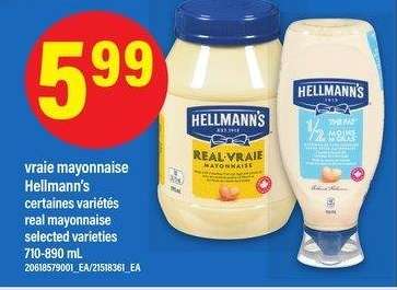 VRAIE MAYONNAISE HELLMANN'S,710-890 mL - certaines variétés