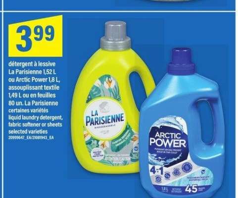 DÉTERGENT À LESSIVE LA PARISIENNE 1,52 L OU ARCTIC POWER 1,8 L, ASSOUPLISSANT TEXTILE 1,49 L OU EN FEUILLES 80 UN. LA PARISIENNE | liquid laundry detergent, fabric softener or sheets - Certaines variétés

selected varieties