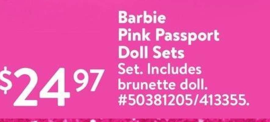 Barbie Pink Passport Doll Sets - Set. Includes brunette doll.
50381205/413355