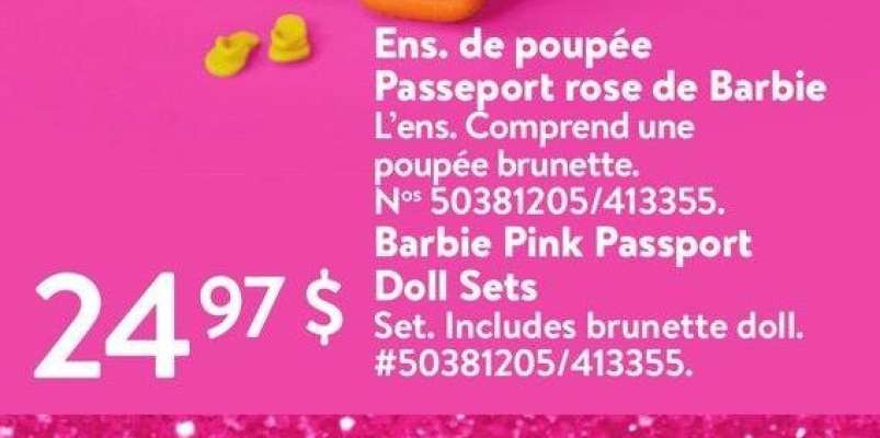 Barbie Pink Passport Doll Sets - Set. Includes brunette doll.
#50381205/413355