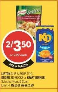 LIPTON CLIP-A-SOUP (4's), KNORR SIDEKICKS or KRAFT DINNER - Selected Types & Sizes